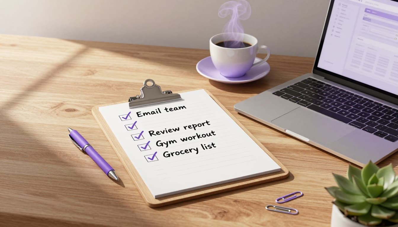 Clipboard with a handwritten checklist and check marks beside a laptop and coffee on a clean desk