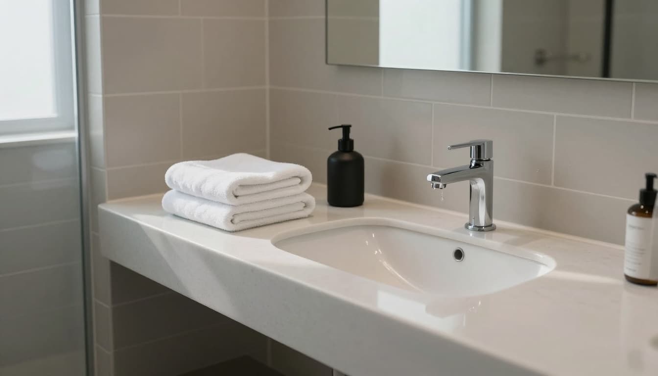 Hotel bathroom sink with folded towels, soap dispenser, and clean countertop