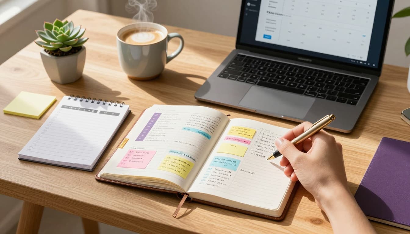 Top view of a wooden desk with open planner, sticky notes, laptop, and coffee while planning business ideas