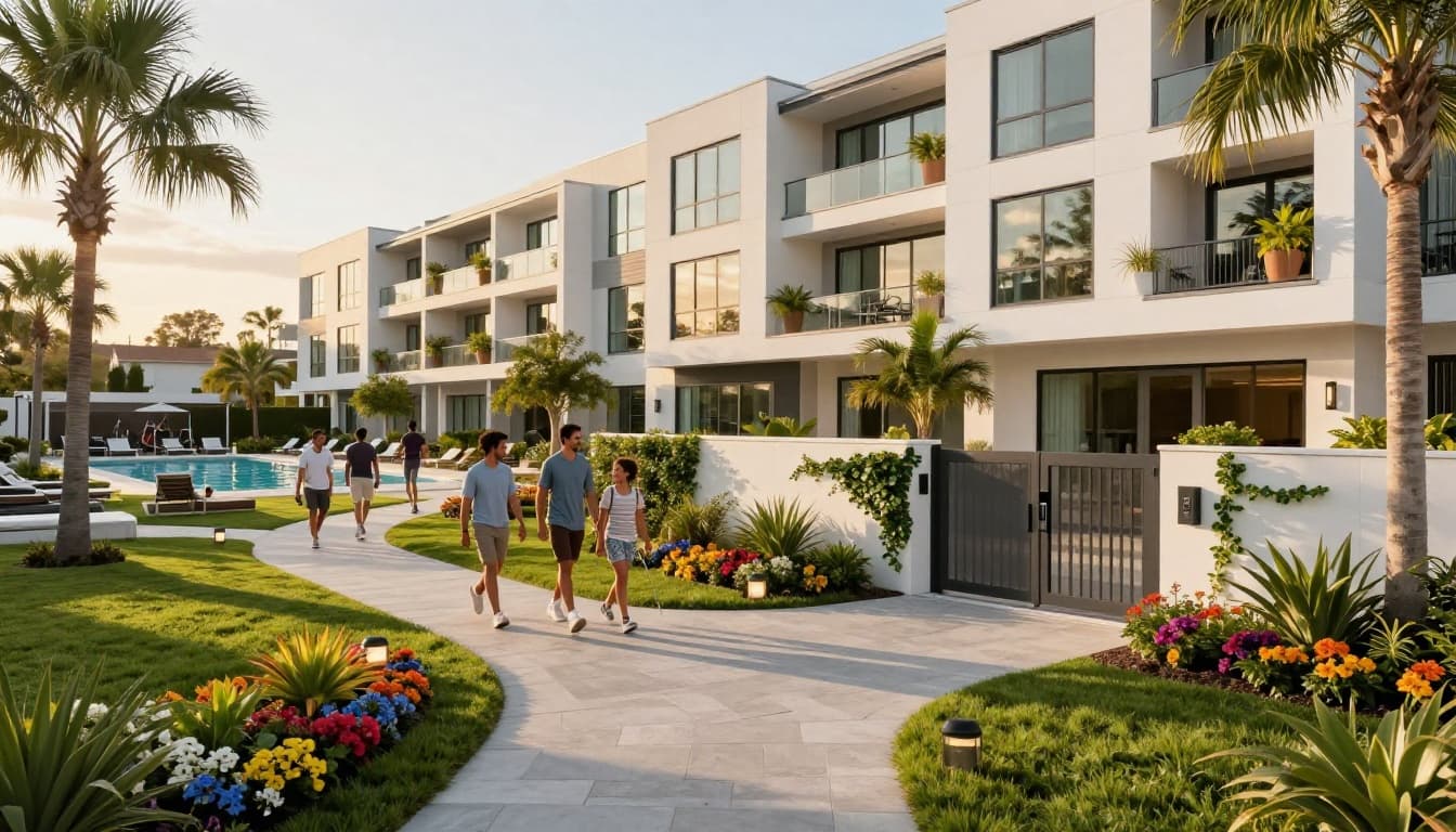 Modern apartment complex with landscaped grounds and walking paths