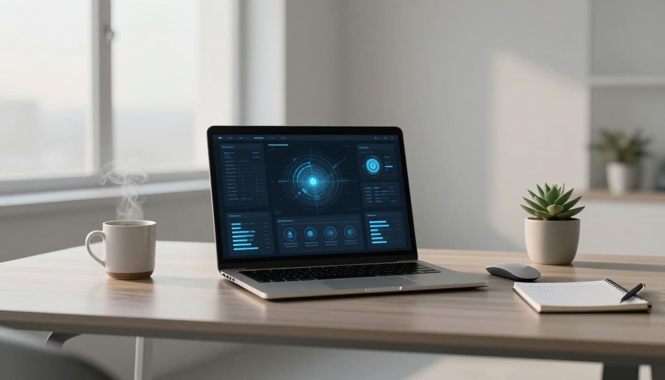 Laptop displaying a cybersecurity dashboard in a modern office workspace