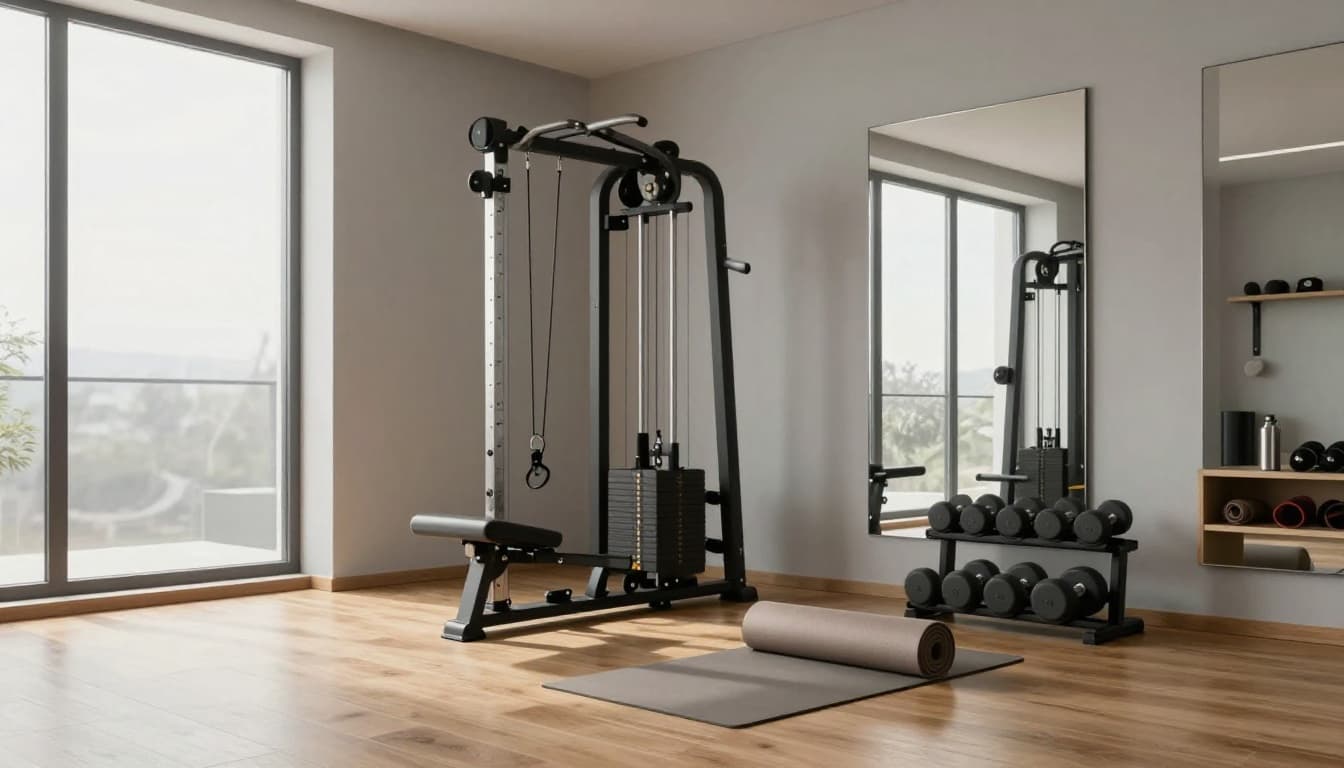 Modern home gym setup with functional trainer, dumbbells, and yoga mat