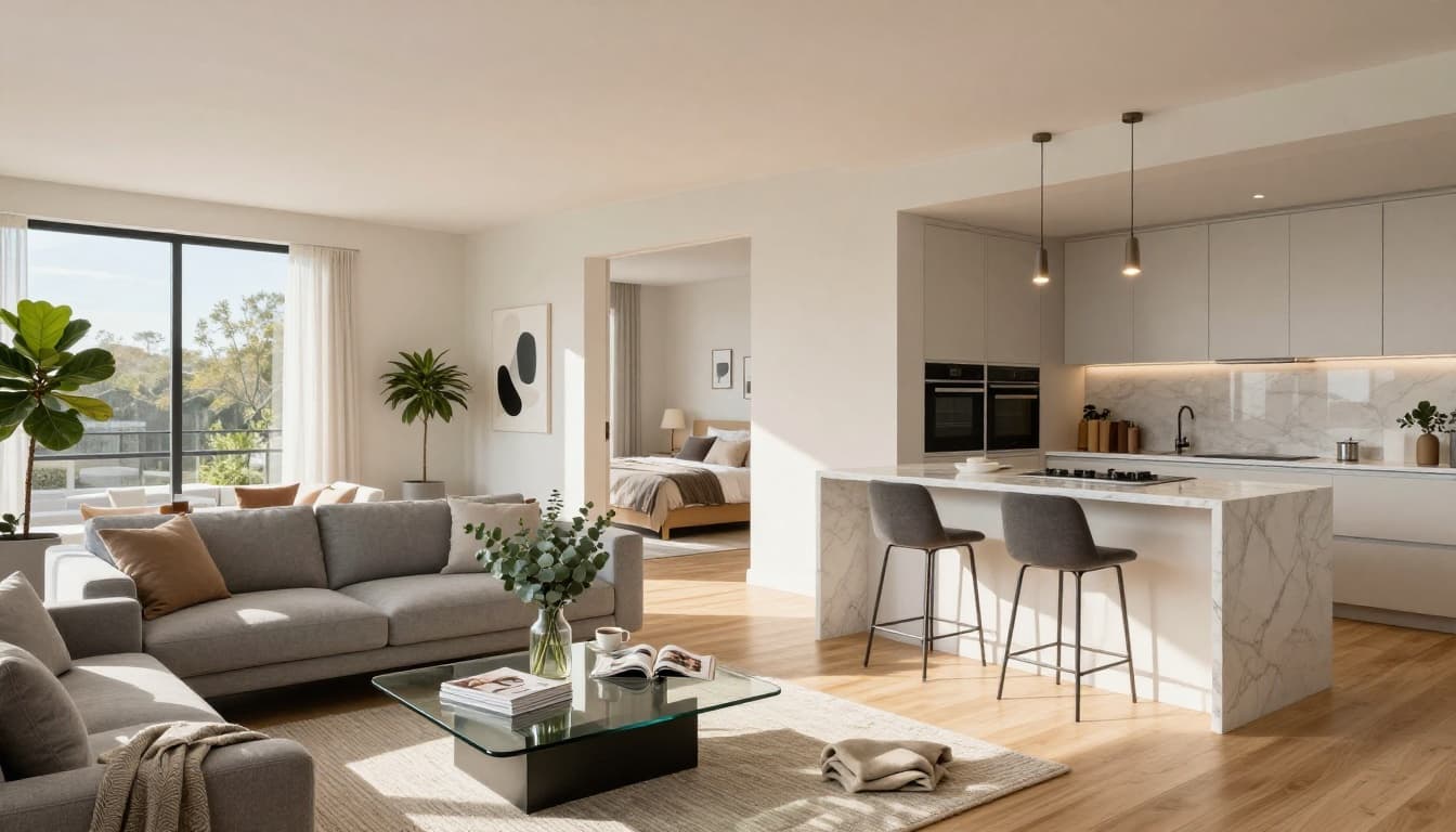 Modern two bedroom two bathroom apartment with open living room and kitchen layout