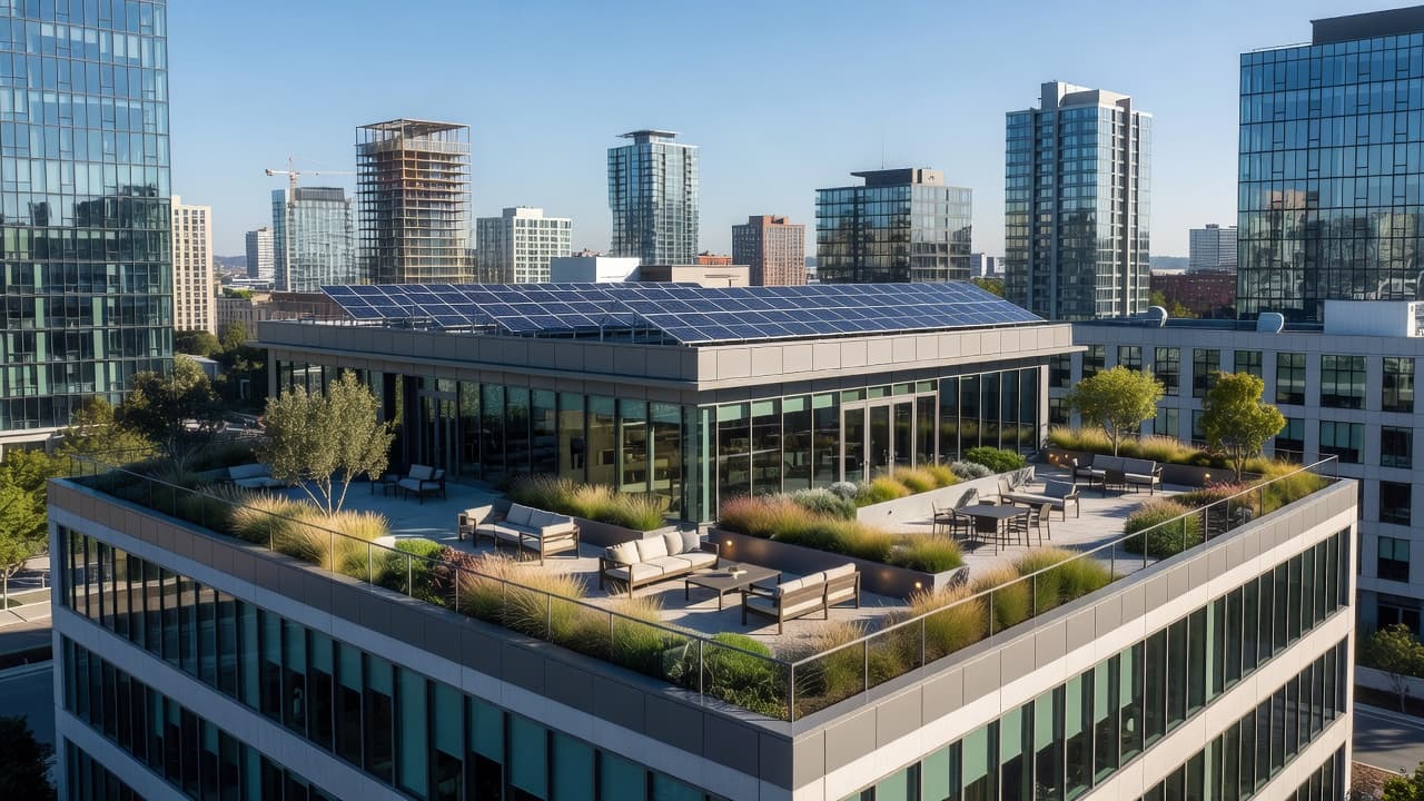 Modern commercial building rooftop with solar panels, landscaped seating areas, and an employee relaxation terrace.