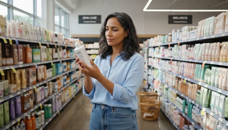Multicultural woman over 40 reading product ingredient label in store aisle