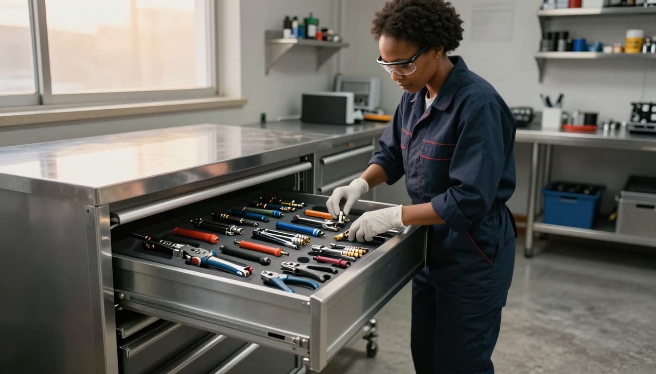 Technician organizing crimp tools in a padded drawer inside a tool cabinet