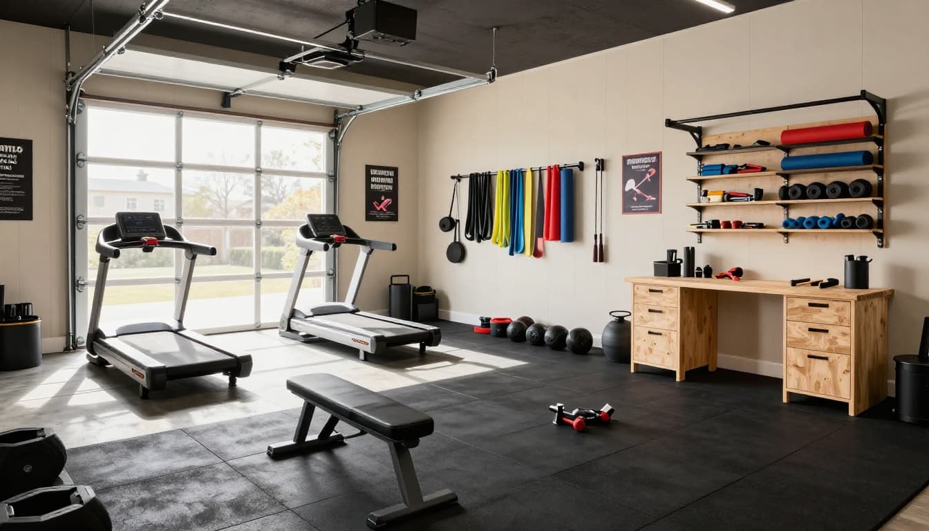 Clean garage converted into a home gym with exercise equipment and organized storage