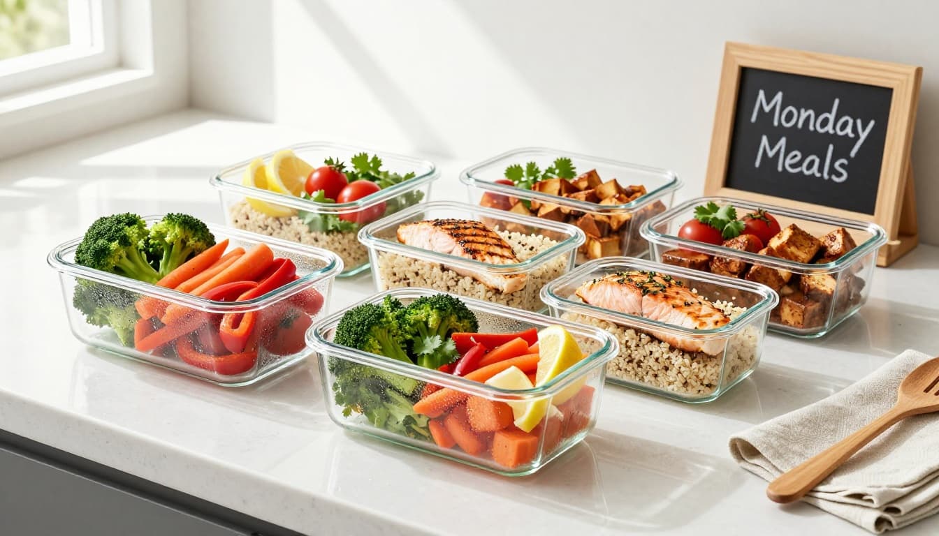 Glass containers filled with prepped vegetables, grains, and protein for organized weekly meal preparation