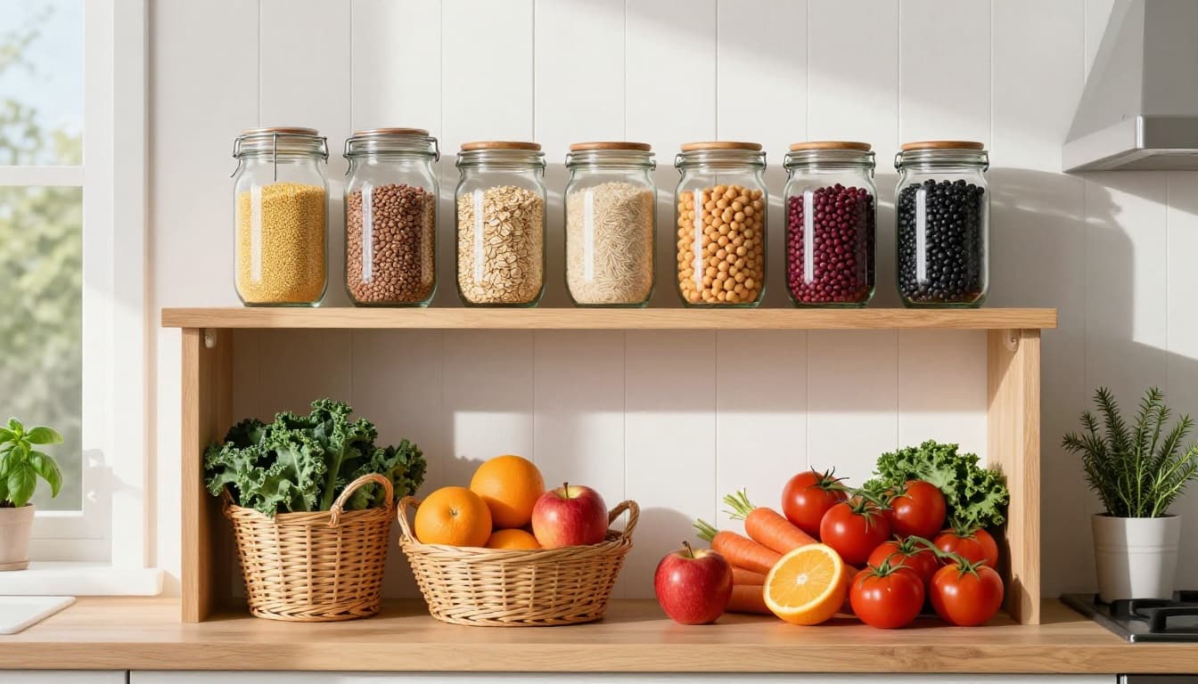 Neatly organized pantry shelf with glass jars of grains and fresh produce arranged for planning balanced weekly meals