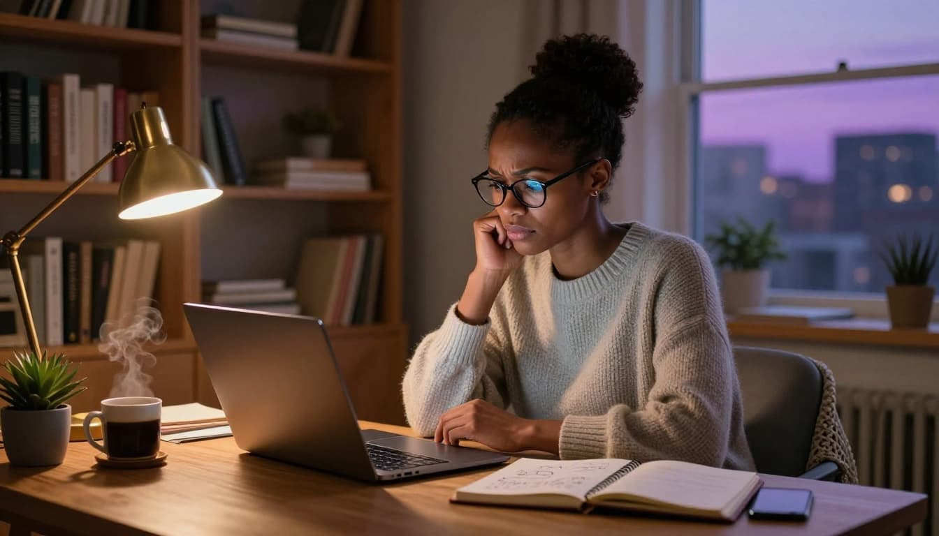 Black woman entrepreneur looking frustrated while working on her laptop at night with notebook and coffee nearby
