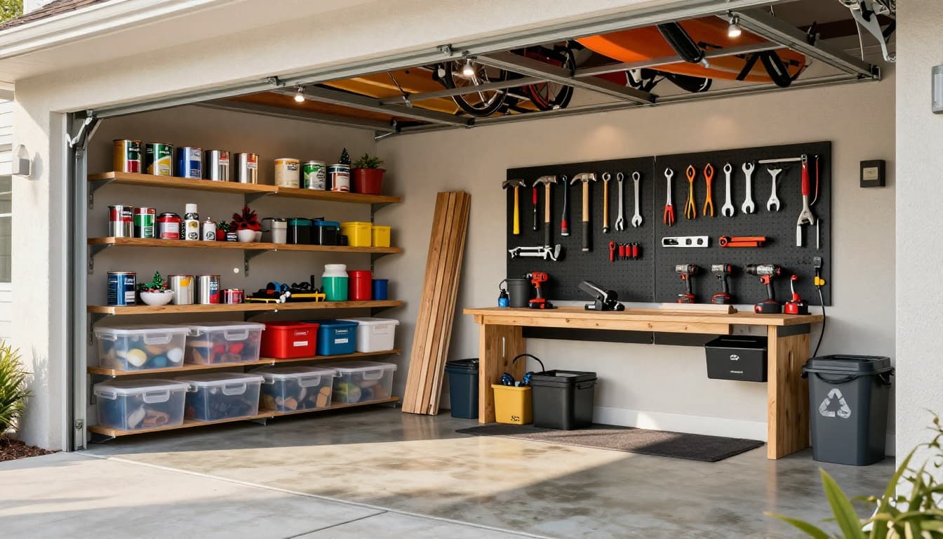 Organized garage with wall-mounted shelving, pegboard tools, labeled bins, and overhead storage