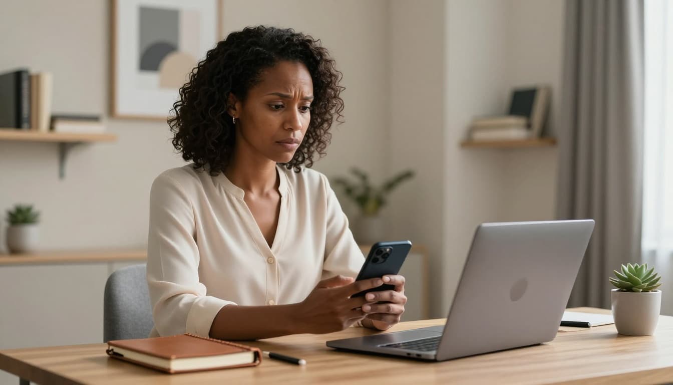 Black woman business owner checking her phone while working at a desk, concerned about vendor communication