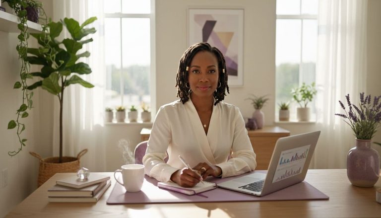 Black woman entrepreneur sitting at a home office desk with laptop and notebook, planning her business strategy