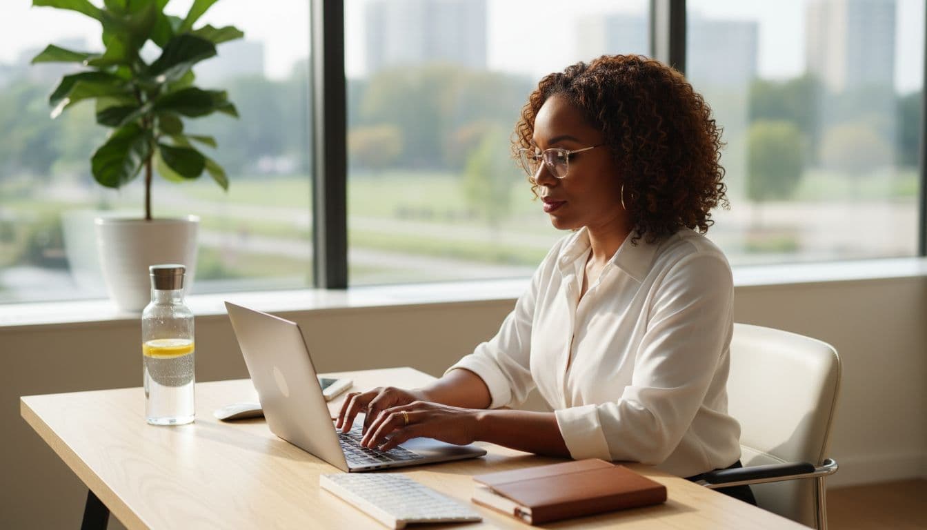 Black woman working at desk with reusable glass water bottle nearby