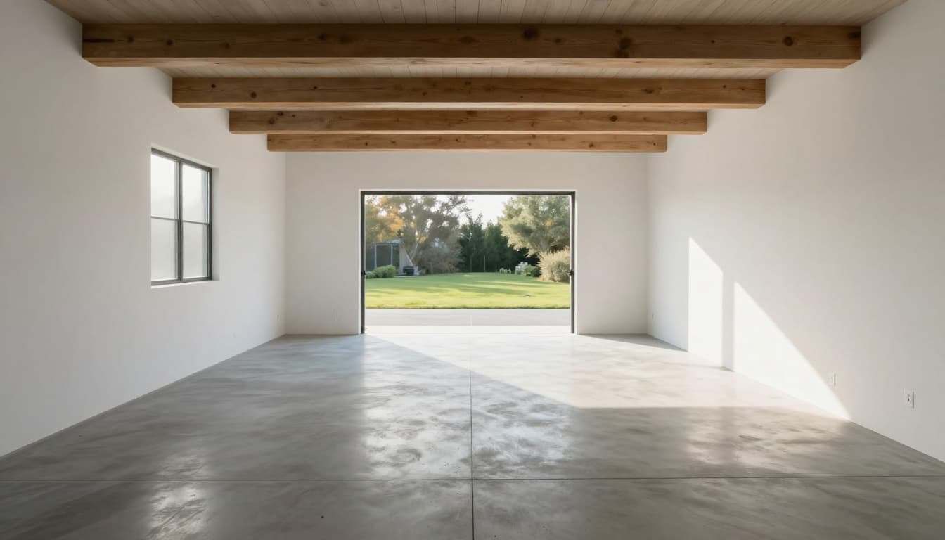 Clean and empty residential garage with bare walls and polished concrete floor