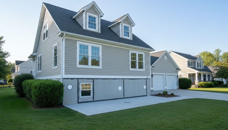 Suburban home with a visible basement foundation showing professional waterproofing work