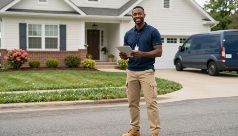 Home service professional standing outside a residential home holding a tablet