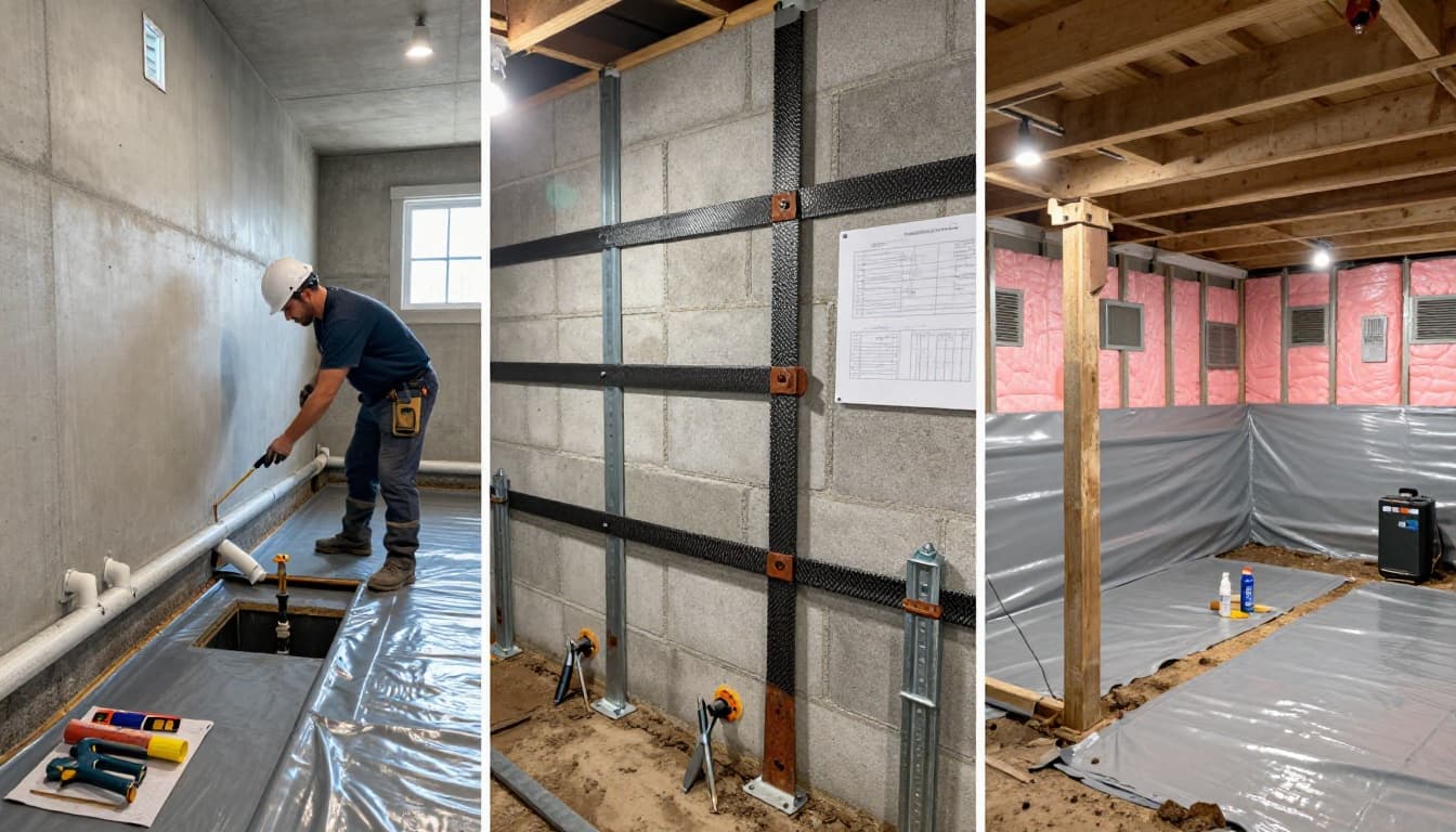Basement waterproofing system, reinforced foundation wall, and crawl space encapsulation installation