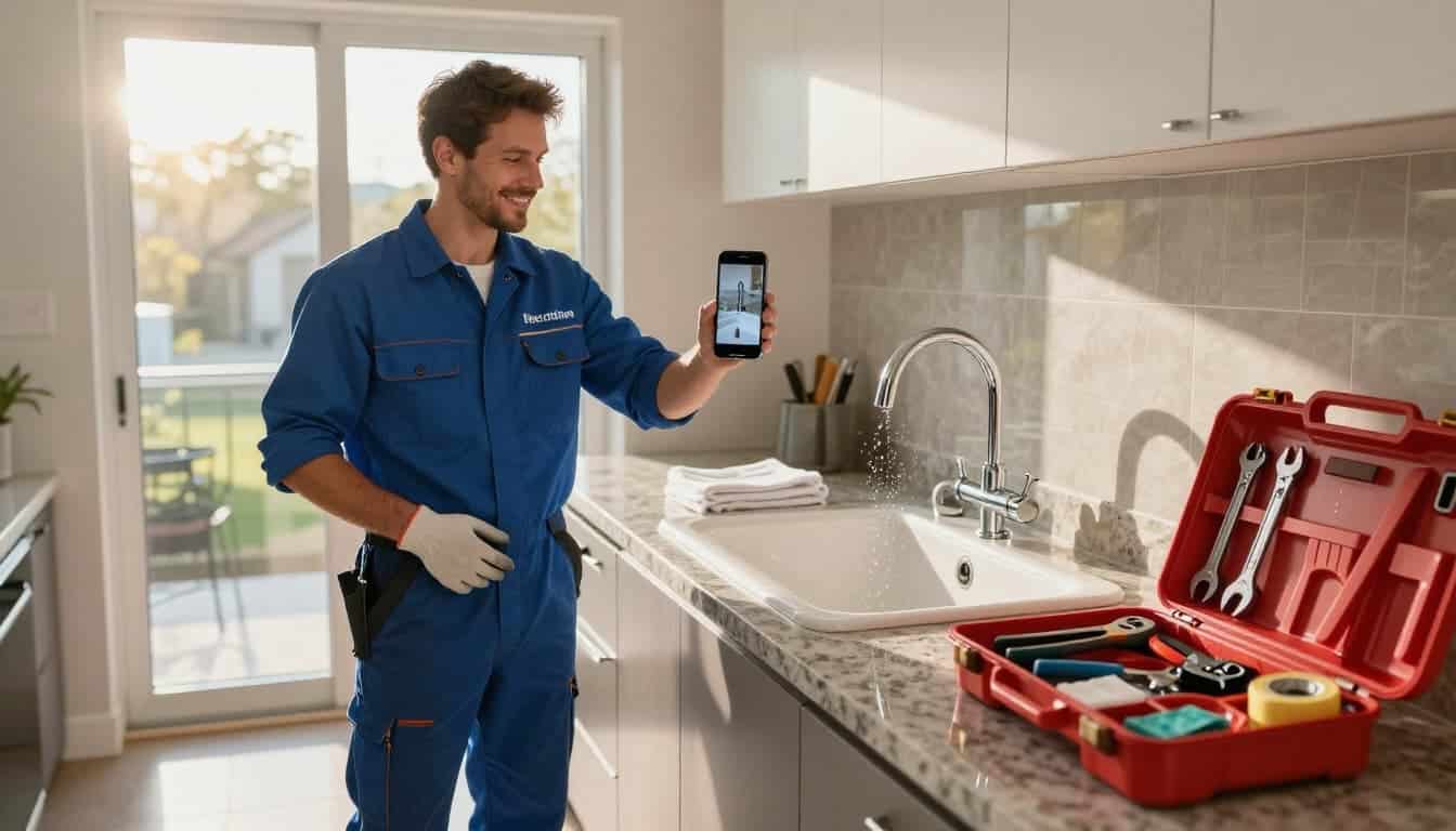 Plumber taking a photo of a repaired kitchen sink to share online