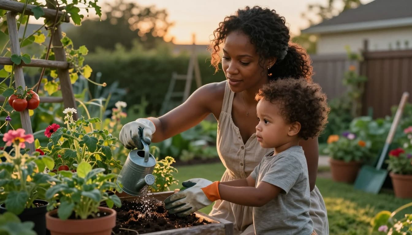 Black mother and toddler watering plants together in backyard garden at sunset