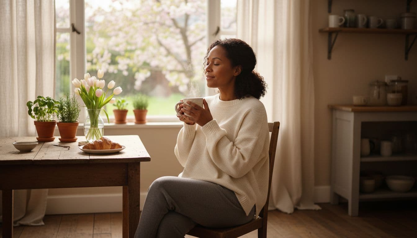 Black woman holding a warm mug and practicing mindful breathing at a kitchen table in spring light
