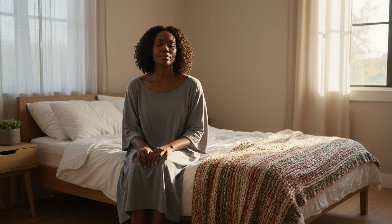 Black woman sitting on the edge of her bed in soft morning light practicing mindfulness for daily calm