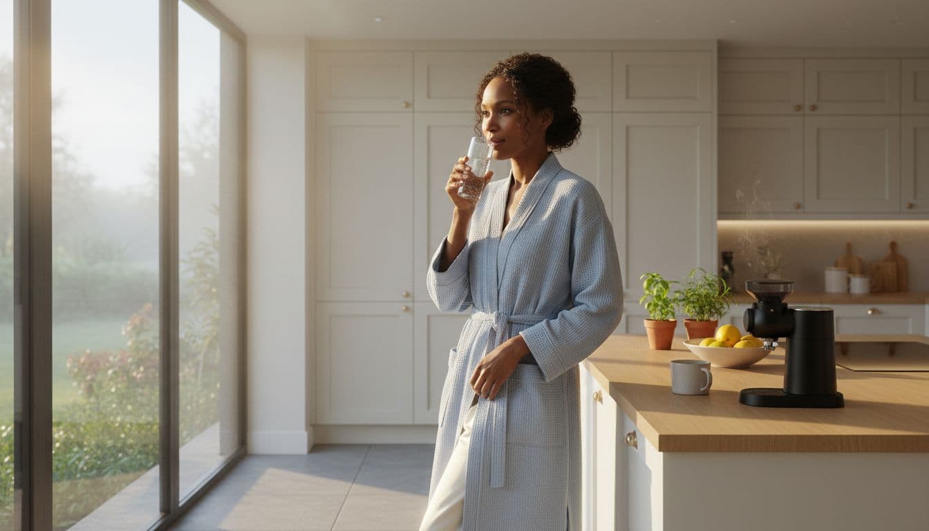 Black woman in her 40s drinking a glass of water in her kitchen at sunrise