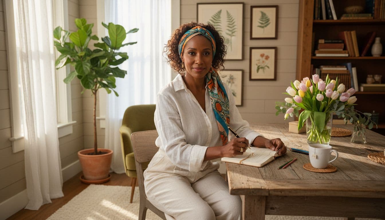 Black woman journaling at a sunlit desk during a March mindfulness challenge