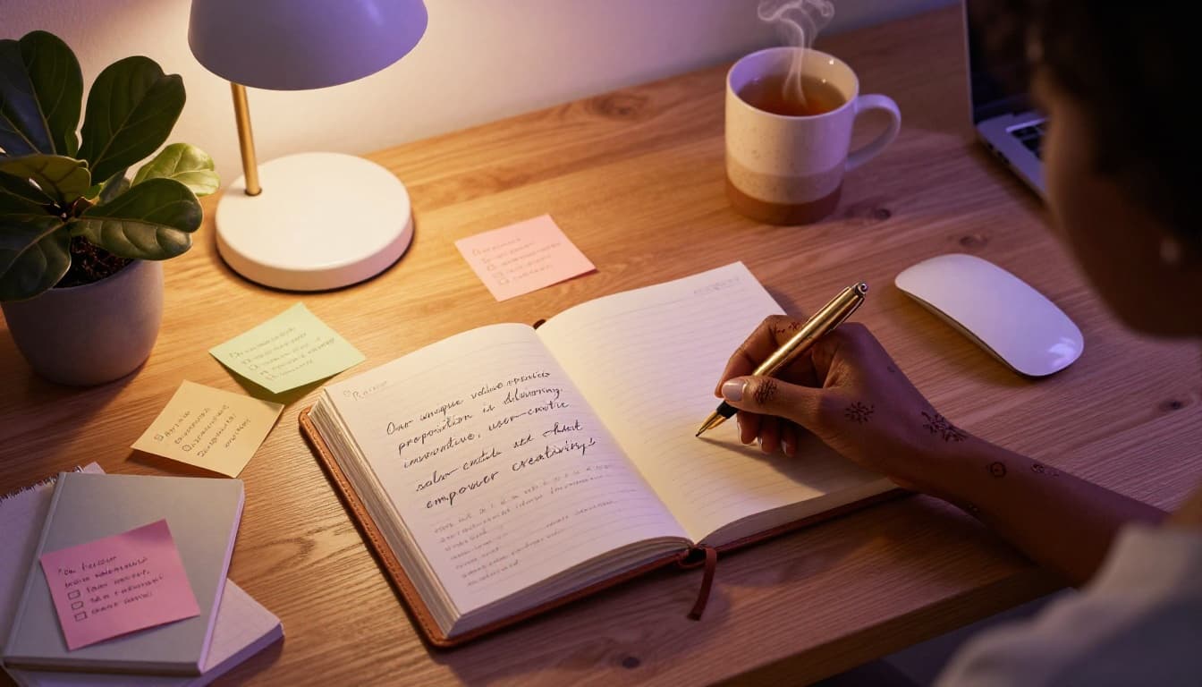 Woman writing in an open journal with sticky notes on a desk while mapping out her business positioning