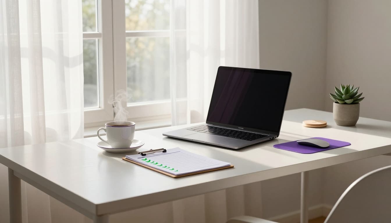 Minimal home office desk with laptop and checklist on clipboard in soft morning light