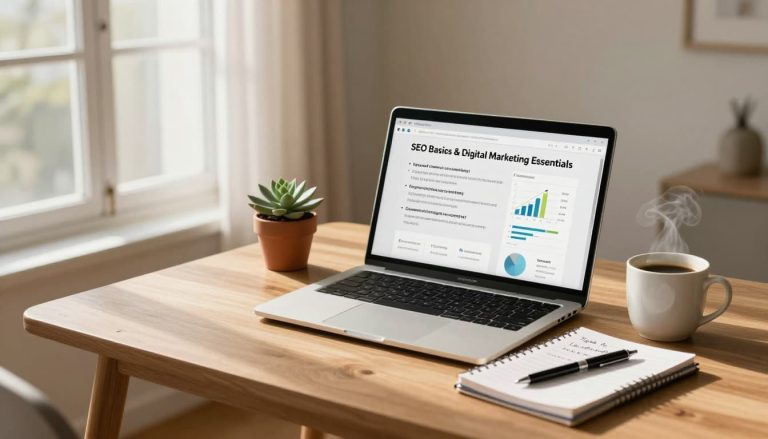 Laptop displaying SEO basics on a simple desk with notebook and coffee