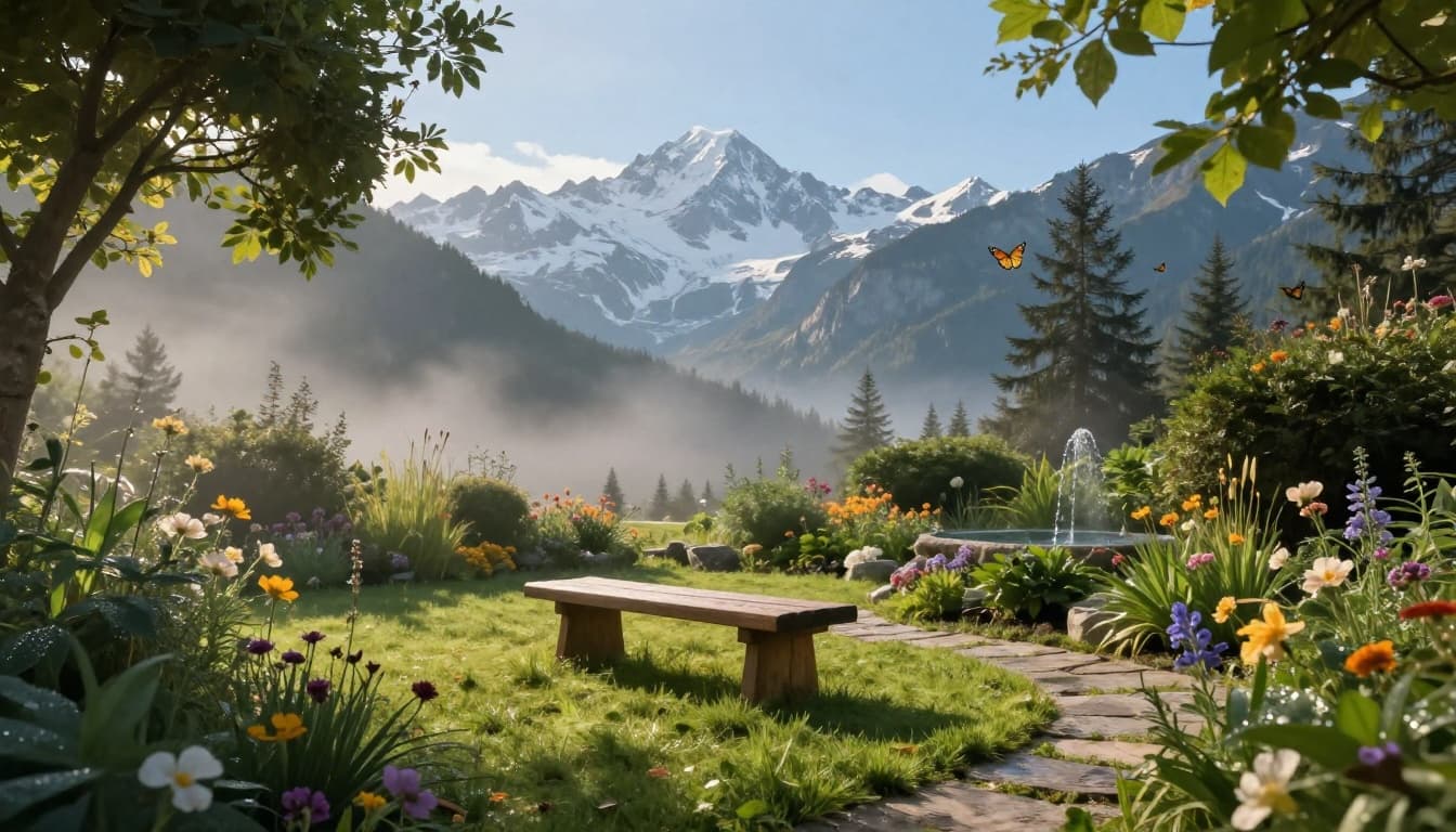 Tranquil garden at a high-end rehab clinic with mountain views