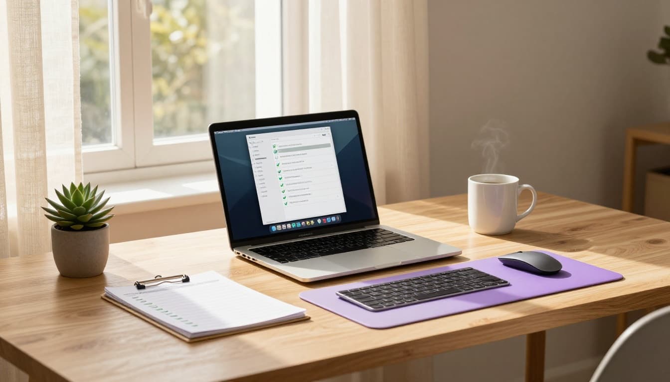 Minimal home office desk with laptop, clipboard checklist, coffee, and soft morning light