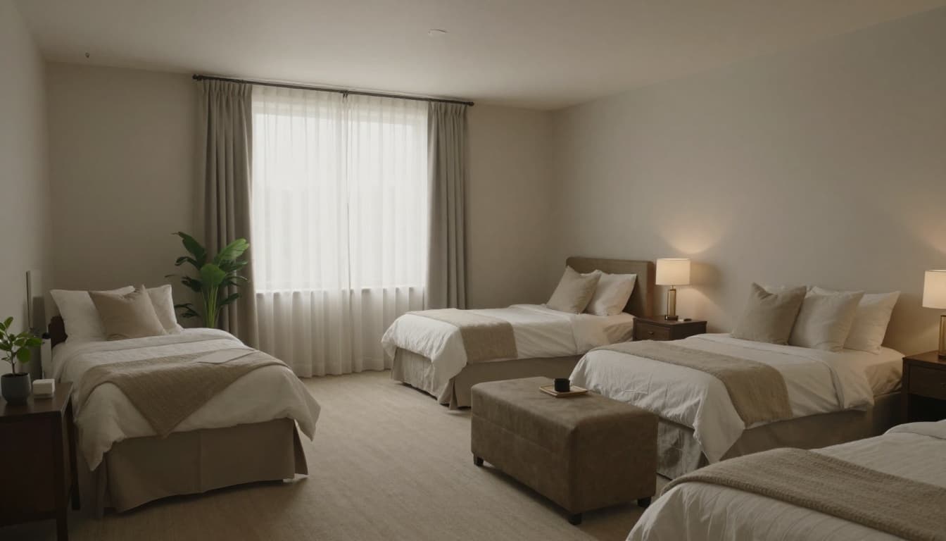 Luxury rehab clinic bedroom with calm, neutral decor and multiple beds