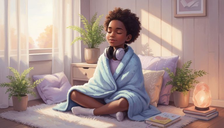 Young Black child sitting peacefully with headphones and a blanket in a calming space designed to support emotional regulation