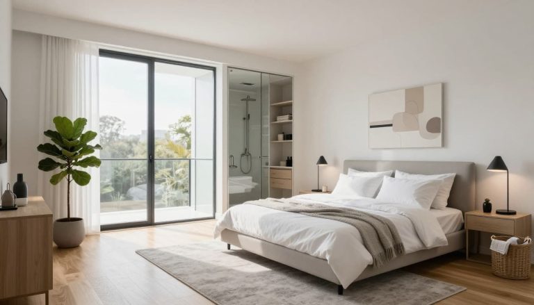 Modern bedroom with attached private bathroom in two bed two bath apartment