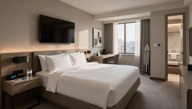 Modern hotel room with bed, wall-mounted TV, desk, and city view window