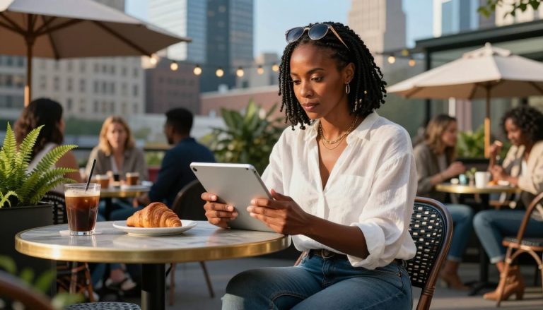 African American woman using tablet at outdoor cafe with city skyline in background