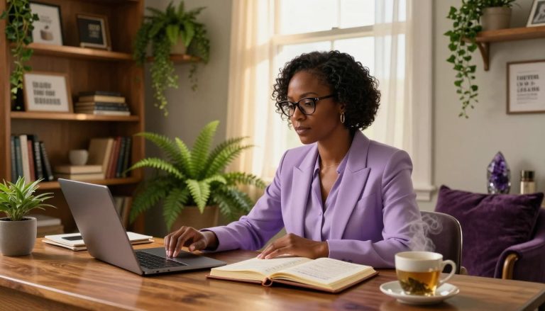 Black woman in a purple blazer working on a laptop with journal open in a serene home office