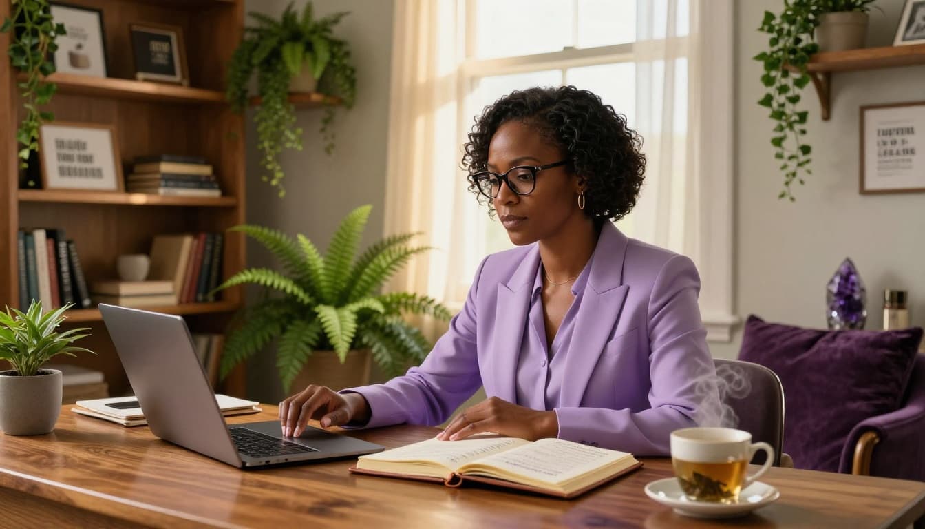 Black woman in a purple blazer working on a laptop with journal open in a serene home office