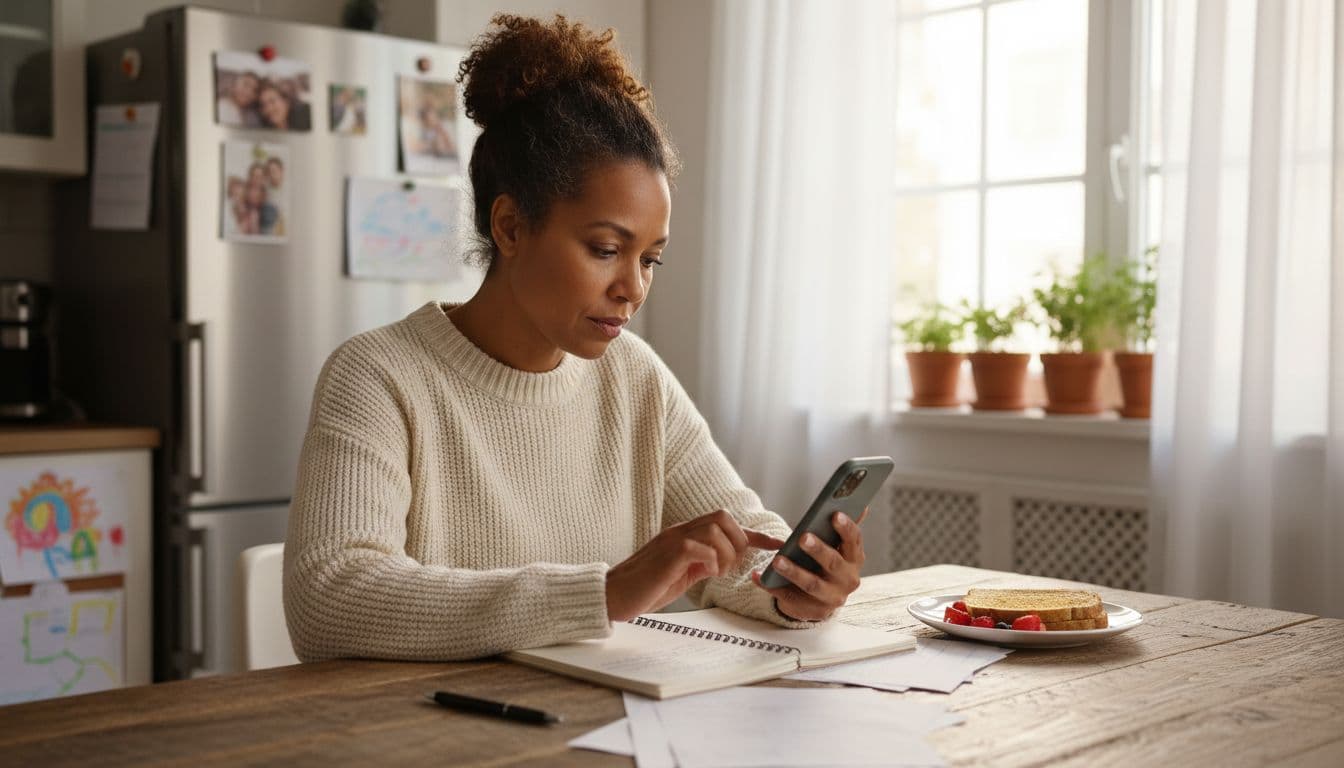 Black mother reviewing notes and logging behavior patterns in an autism support app on her smartphone at a kitchen table
