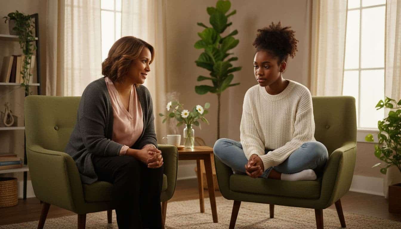 Black teenage girl sitting with a therapist during a calm counseling session