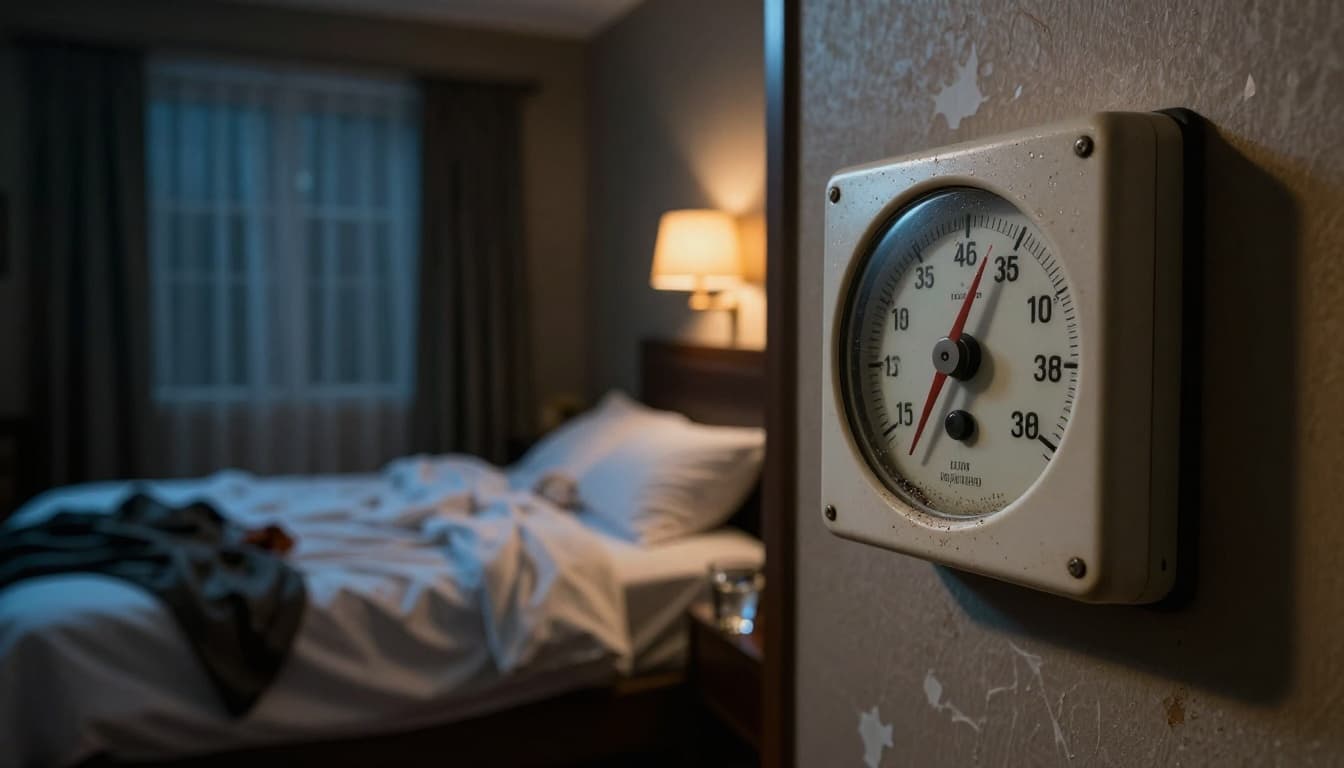 Hotel room thermostat displaying high temperature beside unmade bed