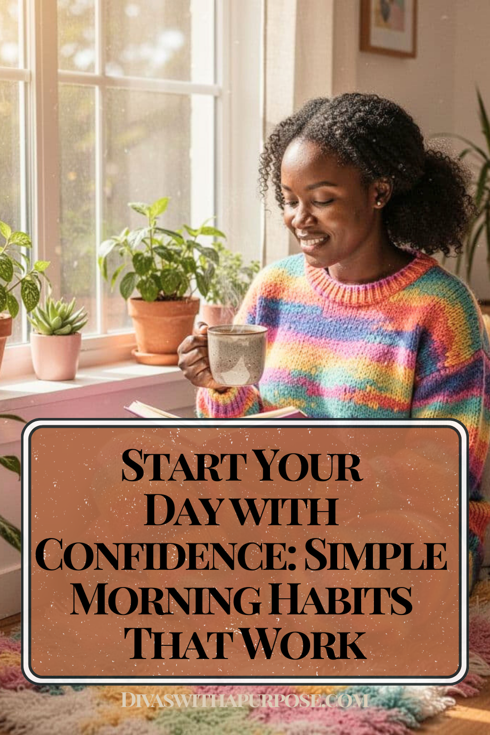 Black woman in a colorful sweater sitting by a sunlit window, holding a mug and smiling while reading in a cozy home setting, with text overlay about starting your day with confidence and simple morning habits
