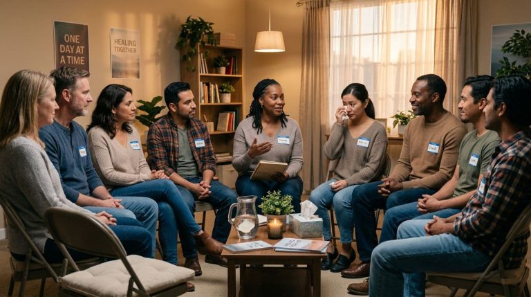 People sitting in a circle during an addiction recovery support group meeting