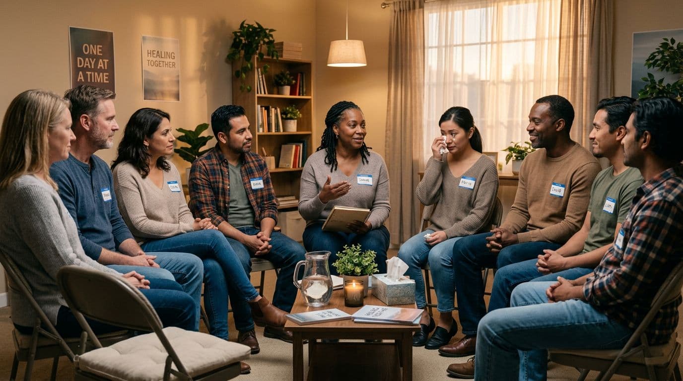 People sitting in a circle during an addiction recovery support group meeting