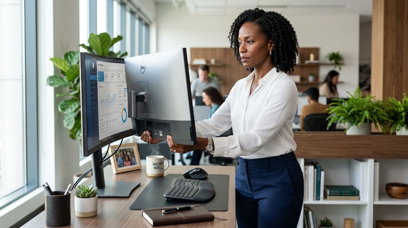 African American professional woman adjusting a computer monitor for an ergonomic workspace