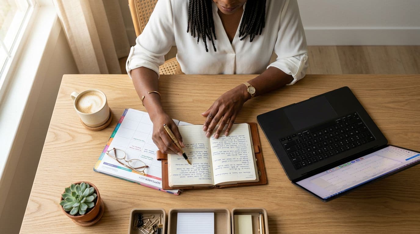 African American woman writing in a planner at a clean organized desk workspace