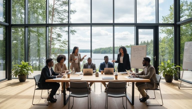 team collaborating at a corporate retreat venue in a modern setting