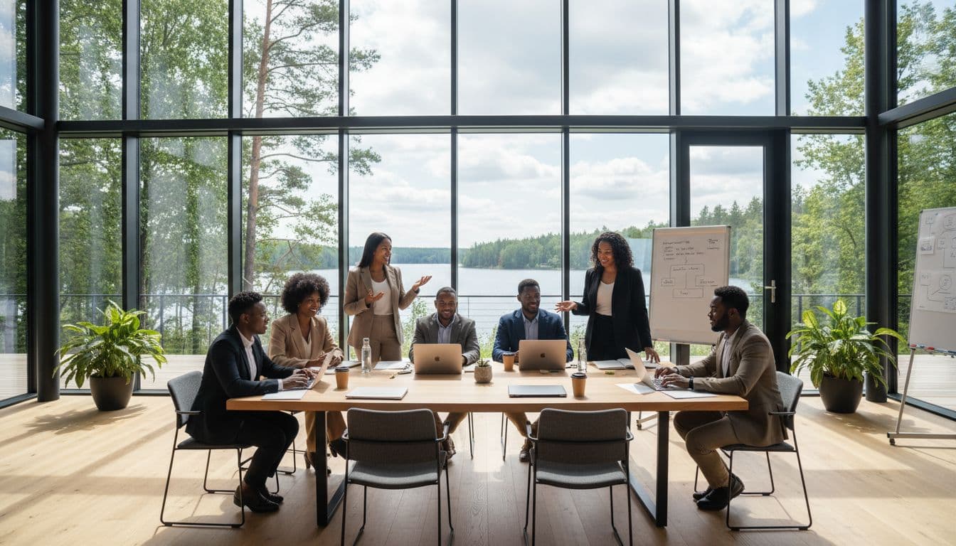 team collaborating at a corporate retreat venue in a modern setting
